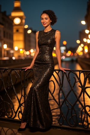 Gustav Klimt's Inspired, a Nice face and charm smile lady wearing long dress, standing at fence decorate at side way London Bridge, dynamic pose worm-angle view, chiaroscuro lighting accentuating nuance and bright color shadow play with fluffy cat