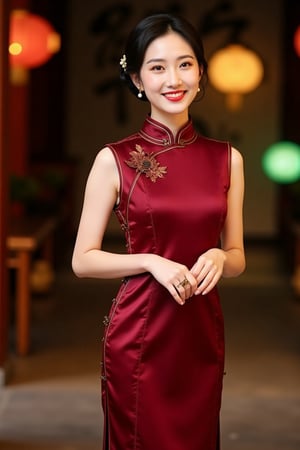 Hanna, a pretty Chinese lady, wearing a red burgundy long cheongsam dress, stands elegantly with a charming smile showcasing natural beauty and a nice dimple. Cinematic lighting and soft shading highlight her features, capturing a serene and graceful pose. The scene is framed to emphasize her charm and elegance, set in a traditional Chinese backdrop.