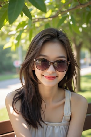 Close-up view of a pretty Asian lady with a charming smile, big expressive eyes, and oval-size sunglasses. She sits on a small bench under a tree, gazing directly at the camera. The scene is softly lit with natural sunlight filtering through the leaves, highlighting her delicate features and the serene atmosphere. The composition focuses on her face, capturing her captivating expression and the gentle breeze gently moving her hair.