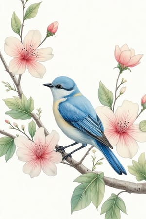 
A delicate blue bird perched on a blooming tree branch, surrounded by lush green leaves and vibrant pink cherry blossoms, as soft, feathery brushstrokes and gentle color blending evoke the dreamy, ethereal quality of watercolor, reminiscent of the whimsical style of Beatrix Potter, the delicate petals and subtle color palette of Elizabeth Blackwell, and the loose, expressive strokes of Charles Rennie Mackintosh