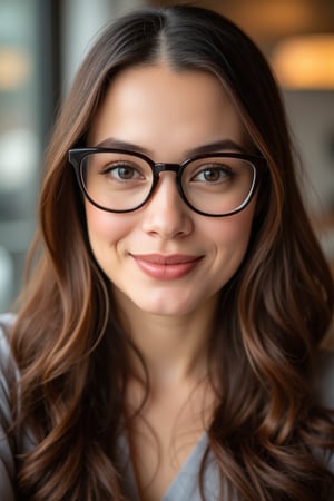 PopArt.hanna, potrait close up smart Russia lady wearing oversized glasses, long wave hair, dutch angle through Anamorphic Lens and charm smile, simple and elegant 