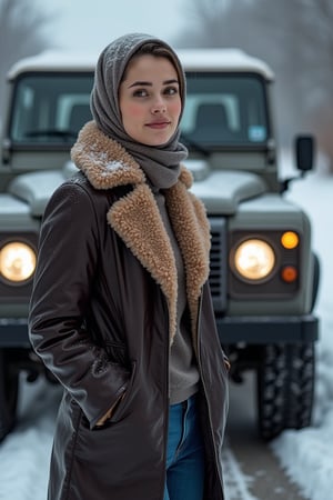 Photorealistic the charm potrait, Chiaroscuro lighting accentuating nuance and bright color, tenebrism illustration, a pretty lady wearing hijabi, fluffy and leather coat, long turtleneck, blue jeans stand a side land rover 4x4 at snowing day