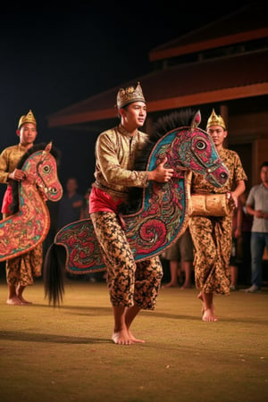 A vibrant scene of Kuda Kepang dance in Johor, featuring dancers in traditional attire riding colorful, woven bamboo horses with upright ears and bold eyes. The horses are intricately decorated, set against a backdrop of traditional architecture. The dancers move rhythmically to the beat of drums, creating an energetic and mystical atmosphere. The scene is well-lit with warm, ambient light, capturing the dynamic movements and vivid colors. The composition focuses on the dancers and their horses, framed to highlight the cultural richness and lively performance.