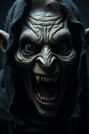 A realistic image of an eerie, scary dwarf elf with a fiercely contorted face, bared teeth, and eyes that are both terrifying and captivating. The scene is rendered in creepy chrome, with sharp, detailed features that evoke horror. The composition is tight, focusing on the dwarf elf's face, with intense lighting that highlights the menacing expression. The background is dark and ominous, enhancing the overall eerie atmosphere.