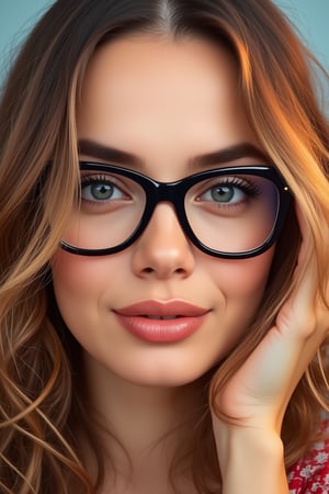 PopArt.hanna, pop art painting potrait close up smart Russia lady wearing oversized glasses, long wave hair, dutch angle through Anamorphic Lens and charm smile, simple and elegant 