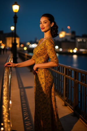 Gustav Klimt's Inspired, a Nice face and charm smile lady wearing long dress, standing at fence decorate at side way London Bridge, dynamic pose worm-angle view, chiaroscuro lighting accentuating nuance and bright color shadow play with fluffy cat