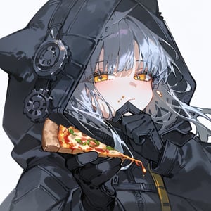 betabeet, ciloranko, quasarcake, solo, dark vibe, best quality, 1girl, cat girl, solo, long hair, looking at viewer, bangs,gloves, holding, jacket, yellow eyes, black gloves, pants(military gears), black hood(hood up), cape, hood up, ((animal hood(cat ears)), torn hood, illustration, \(death stranding\), blush, bangs, simple background, gloves, long sleeves, white background, holding, animal ears, jacket, yellow eyes, upper body, grey hair, food, black gloves, hood, black jacket, eating, holding food, hood up, food on face, pizza, holding pizza, pizza slice, illustration, gorgerous, delicated eyes, best quality, masterpeice, delicate face, detailed eyes, pov, close up