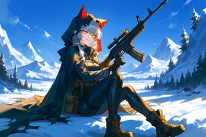 artist：quasarcake,dino_（dinoartforame), snow, landscape, snowland, trees, dark vibe, best quality, 1girl, cat girl, solo, long hair, looking at viewer, {Death Stranding}, blush, bangs, simple background, gloves, holding, sitting, jacket, yellow eyes, weapon, rfle, grey hair, black gloves, pants(military gears), black hood(hood up), cape, firearm, rifle, hood up, animal hood(cat ears),  torn hood, illustration,DinoArtStyle,scenery, smirk, black mub monsters, scary, look at viewer,