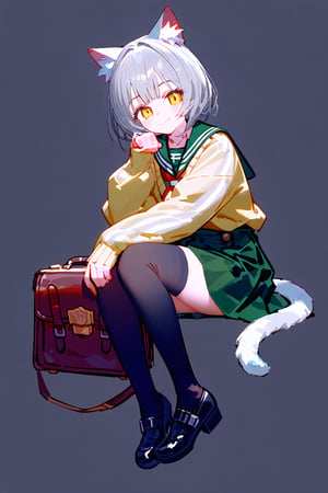 source_anime, illustration, delicated features, simple background, illustration, high definition, masterpiece, dark theme, gorgerous, delicated eyes, delicate face, {1girl, catgirl, solo}, delicated eyes, gorgeous, masterpiece, [by ciloRanko] intricate details, designed, illustration, ornaments, grey hair, yellow Eyes, white Cat ears, character design, catbell_collar, simple_background, kawaiicolors, texture, cat poses,ani_booster,aesthetic portrait, school uniform, ((khaki school sweater)), sailor knot, ornaments on clothes, school bag, vivid color, cute smile, fashion, belts, short hot sexy school skirt, brown mary janes, cat tail, badges, black_and_white striped kneesocks, sitting