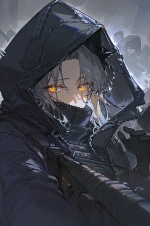 betabeet, ciloranko, quasarcake, solo, dark vibe, best quality, 1girl, cat girl, cat ears, solo, long hair, looking at viewer,bangs,gloves, holding, jacket, yellow eyes, weapon, rifle, grey hair, black gloves, pants(military gears), black hood(hood up), cape, firearm, rifle, hood up, animal hood(cat ears), torn hood, illustration, scary, look at viewer, \(death stranding\), illustration, gorgerous, delicated eyes, shadow lights,best quality, masterpeice, delicate face, detailed eyes, pov, close up,pov,tacticalgear,tactical gear