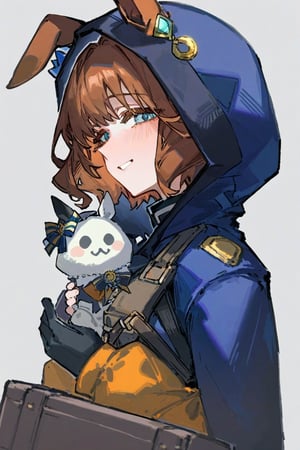 betabeet, ciloranko, quasarcake, dark vibe,1girl,solo, AstonMachan(umamusume), blush, short hair, simple background, brown hair, curly hair, gloves, (\Death Stranding\), dark blue hood(hood up), hood up, ((animal hood(horse ears)), torn hood, illustration, \(death stranding\), blush, bangs, hair ornaments, simple background, gloves, long sleeves, white background, illustration, gorgerous, delicated eyes, best quality, masterpeice, delicate face, detailed eyes, cargo box, holding chibi plushie,pov,from side,hood up,simple background, smile, character stuffed toy, plushie, pov, look at viewer, horse girl