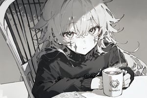 1girl, solo, long hair, looking at viewer, bangs, long sleeves, holding, hair between eyes, sitting, closed mouth, monochrome, upper body, greyscale, sweater, cup, chair, facial mark, expressionless, messy hair, holding cup, mug, ((pov)), dark theme, poster, source_anime, illustration, delicated features, simple background,DinoArtStyle, illustration, high definition, masterpiece, dark theme, gorgerous, delicated eyes, delicate face,sagawa, betabeet, ciloranko, rurudo, xia, quasarcake, reach out, holding tea cup