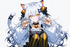 artist：quasarcake, ciloranko,betabeet, 1girl, catgirl, solo, long hair,looking at viewer, bangs,hair ornament(fish bone), animal ears, hair between eyes, cat tail, yellow slit eyes, white hair, silver hair, cat bell collar, cat ears, fingernails, fashion, animal ear fluff, slit pupils, gorgerous, cute, delicated eyes, simple background, source_anime,sagawa, score_9,score_8_up,score_7_up,striped thighhighs, vertical stripes, puffy long sleeves, leg up,Balance Pose I, blush, awkward smile, 