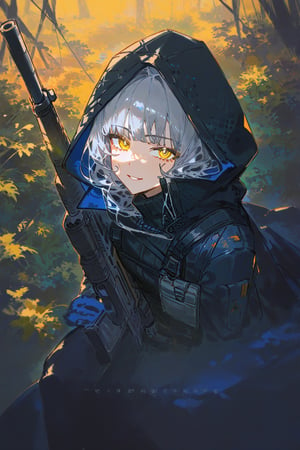 betabeet, ciloranko, quasarcake, solo, dark vibe, best quality, 1girl, cat girl, solo, long hair, looking at viewer, bangs,gloves, holding,jacket, yellow eyes, weapon, rifle, grey hair, black gloves, pants(military gears), black hood(hood up), cape, firearm, rifle, hood up, animal hood(cat ears), torn hood, illustration, DinoArtStyle,scenery, smirk, scary, look at viewer, \(death stranding\), illustration, gorgerous, delicated eyes, plants, shadow lights,best quality, masterpeice, delicate face, detailed eyes, pov, close up