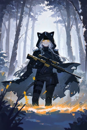 betabeet, ciloranko, quasarcake, solo, snow, landscape, snowland, trees, dark vibe, best quality, 1girl, cat girl, solo, long hair, looking at viewer, bangs,gloves, holding,jacket, yellow eyes, weapon, rifle, grey hair, black gloves, pants(military gears), black hood(hood up), cape, firearm, rifle, hood up, animal hood(cat ears), torn hood, illustration, DinoArtStyle,scenery, smirk, black mub monsters, scary, look at viewer, \(death stranding\), illustration, gorgerous, delicated eyes, plants, plants, shadow lights,best quality, masterpeice, delicate face