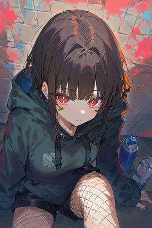 1girl, solo, illustration, high definition, masterpiece, betabeet, ciloranko, rurudo,dark vibe, gorgerous, delicated eyes, delicate face, detailed red eyes, source_anime, jima, [artist:qUASARCAKE,ciloRanko],  dark brown hair,looking at viewer, bangs, dark-brown hair, messy hair, graffiti, looking at viewer, bangs, red coiled eyes, red eyes, ((coiled pupils)) confused, cowboy shot, ((torn, dark olive-green hoodie)), black shorts, fishnet pantyhose, bandaid on face and leg, simple background,ach-ciloranko,chromatic aberration, colors saturation, bandaids on face, sneakers, pov, (holding spray cans), sitting on a roof