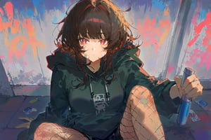 1girl, solo, illustration, high definition, masterpiece, betabeet, ciloranko, rurudo,dark vibe, gorgerous, delicated eyes, delicate face,  source_anime, jima, [artist:qUASARCAKE,ciloRanko],  dark brown hair,looking at viewer, bangs, dark-brown hair, messy hair, graffiti, looking at viewer, bangs, red coiled eyes, red eyes,((coiled pupils)) confused, cowboy shot, ((torn, dark olive-green hoodie)), black shorts, fishnet pantyhose, bandaid on face and leg, ach-ciloranko, chromatic aberration, colors saturation, bandaids on face, sneakers, pov, (holding spray cans), sitting on a roof