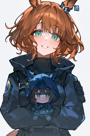 betabeet, ciloranko, quasarcake, dark vibe,1girl,solo, AstonMachan(umamusume), blush, short hair, simple background, brown hair, curly hair, (green eyes), gloves, (\Death Stranding\), dark blue hood(hood up), hood up, ((animal hood(horse ears)), torn hood, illustration, \(death stranding\), blush, bangs, hair ornaments, simple background, gloves, long sleeves, white background, illustration, gorgerous, delicated eyes, best quality, masterpeice, delicate face, detailed eyes, chibi plushie,pov,hood up,simple background, smile, character stuffed toy, plushie, pov, look at viewer, horse girl