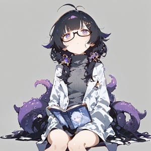 1girl, solo, long hair, blush, simple background, black hair, hair ornament, gloves, long sleeves, holding, twintails, sitting, closed mouth, purple eyes, jacket, ahoge, glasses, black gloves, hairclip, grey background, sweater, book, turtleneck, antenna hair, semi-rimless eyewear, tentacles, holding book, black-framed eyewear, under-rim eyewear, open book, labcoat, dark theme, poster, source_anime, illustration, delicated features, simple background,DinoArtStyle, illustration, high definition, masterpiece, dark theme, gorgerous, delicated eyes, delicate face,sagawa