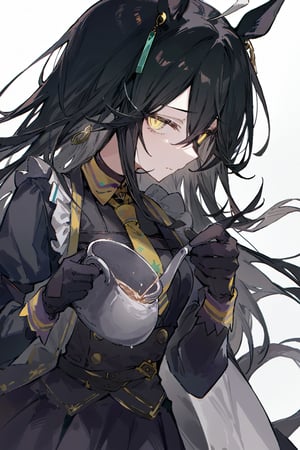 betabeet, ciloranko, rurudo, solo, dark vibe, best quality, 1girl, horse girl, horseears, solo,very long black hair, long bangs,gloves, illustration, gorgerous, delicated eyes, best quality, masterpeice, delicate face, detailed yellow eyes, source_anime,  jima, look at viewer, skirt, shirt, black hair, gloves, long sleeves, white background, animal ears, hair between eyes, jewelry, closed mouth, maid dress, tail, yellow eyes, ahoge, pantyhose, earrings, necktie, gloves, black pantyhose, horse ears, horse girl, horse tail, single earring, yellow necktie, manhattan cafe \(umamusume\),MANHATTAN CAFE (UMAMUSUME), cold,pouring, holding cup, holding teapot,sagawa