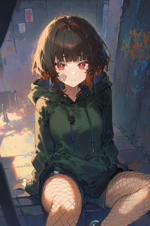 1girl, solo, illustration, high definition, masterpiece, betabeet, ciloranko, rurudo, xia, sawaka, dark theme, gorgerous, delicated eyes, delicate face,  source_anime, jima, [artist:qUASARCAKE,ciloRanko],  dark brown hair, looking at viewer, bangs, dark-brown hair, messy hair, graffiti, looking at viewer, bangs, red coiled eyes, red eyes,((coiled pupils)) confused, cowboy shot, ((torn, dark olive-green hoodie)), torn shorts, fishnet pantyhose, bandaid on face and leg, ciloranko, chromatic aberration, colors saturation, bandaids on face, sneakers, pov, sitting on a roof