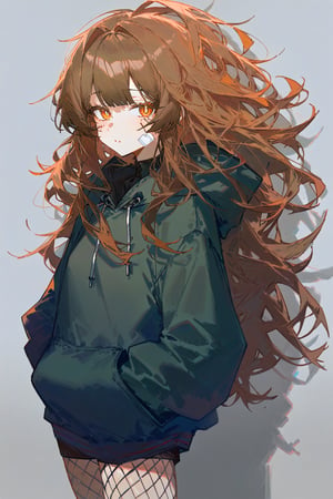 1girl, solo, long_hair,illustration,high definition, masterpiece,hair strand,best quality,betabeet, ciloranko, rurudo,  solo,dark vibe, best quality, illustration, gorgerous, delicated eyes, best quality, masterpeice, delicate face, detailed orange eyes, source_anime, jima, look at viewer, gorgeous, masterpiece,[artist:qUASARCAKE,ciloRanko], long dark brown hair,looking at viewer, bangs,messy long dark-brown hair, messy hair, graffiti, looking at viewer, bangs, red coiled eyes, red eyes, ((coiled pupils)) confused, cowboy shot, torn, dark olive-green hoodie, black shorts,,hands in pockets, fishnet pantyhose, bandaid on face and leg, simple background,ach-ciloranko,chromatic aberration, colors saturation, bandaids on face,