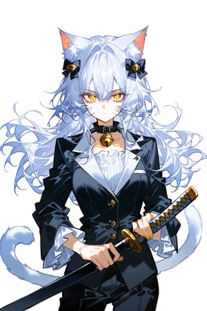 artist：quasarcake, ciloranko,betabeet, 1girl, catgirl, solo, long hair,looking at viewer, bangs,hair ornament(fish bone), animal ears, hair between eyes, cat tail, yellow slit eyes, white hair, silver hair, cat bell collar, cat ears, fashion, animal ear fluff, slit pupils, gorgerous, cute, delicated eyes, simple background, source_anime,sagawa, score_9,score_8_up,score_7_up,suit,frilled sleeves, hair in wind, iaidou,weapon, katana, holding sword,ready to draw,sheated,scabbard,unsheating, serious, cinematic