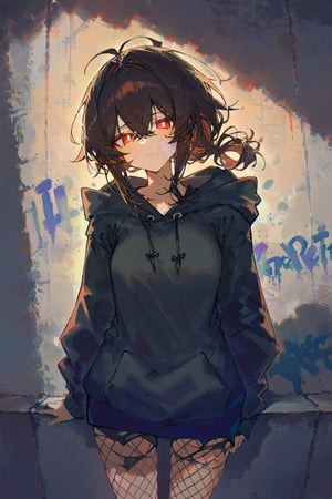 1girl, solo, illustration, high definition, masterpiece, betabeet, ciloranko, rurudo, xia, sawaka, dark theme, gorgerous, delicated eyes, delicate face,  source_anime, jima, [artist:qUASARCAKE,ciloRanko],  dark brown hair, looking at viewer, bangs, dark-brown hair, messy hair(long), graffiti, looking at viewer, messy bangs(hair between eyes), red coiled eyes, red eyes,((coiled pupils)), cowboy shot, ((torn, dark olive-green hoodie)), torn shorts, fishnet pantyhose, bandaid on face and leg, ciloranko, chromatic aberration, colors saturation, bandaids on face, sneakers, pov, annoyed, from side