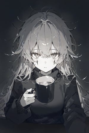 1girl, solo, long hair, looking at viewer, bangs, long sleeves, holding, hair between eyes, sitting, closed mouth, monochrome, upper body, greyscale, sweater, cup, facial mark, expressionless, messy hair, holding cup, mug, ((pov)), dark theme, poster, source_anime, illustration, delicated features, simple background,DinoArtStyle, illustration, high definition, masterpiece, dark theme, gorgerous, delicated eyes, delicate face,sagawa, betabeet, ciloranko, rurudo, xia, quasarcake,