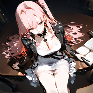 1girl, solo, illustration, high definition, masterpiece, dark theme, gorgerous, delicated eyes, delicate face,  source_anime, illustration, delicated features, 1girl, solo, long hair, looking at viewer, blush, open mouth, bangs, gloves, long sleeves, Lace dress, hair between eyes, sitting, collarbone, leather jacket, pink hair, open clothes, choker, black gloves, socks, dark eyes, black eyes, black footwear, white dress, open jacket, black jacket, book, one side up, black choker, short dress, Cutout dress, hair intakes, table, single glove, simple background,DinoArtStyle, 