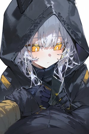 {{1boy&1catgirl}, 2people},betabeet, ciloranko, quasarcake, dark vibe, best quality, military gears,cloak,black hood,{Higgs Monaghan (\Death Stranding\)}, delicate features,>:(, blush, (silver messy hair with cat ears, yellow pupils), grabbing wrist,lifting to the air, bangs,gloves, holding, jacket, yellow eyes, black gloves, pants(military gears), black hood(hood up), cape, hood up, ((animal hood(cat ears)), torn hood, illustration, \(death stranding\), blush, bangs, simple background, gloves, long sleeves, white background, illustration, gorgerous, delicated eyes, best quality, masterpeice, delicate face, detailed eyes, pov, close up