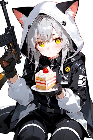 artist：dino_（dinoartforame）, frostfrog, 1girl, cat girl, solo, long hair, looking at viewer, {Death Stranding}, blush, bangs, simple background, gloves, white background, holding, sitting, jacket, yellow eyes, weapon, grey hair, food, black gloves, pants, hood(hood up), cape, firearm, rifle, hood up, animal hood(cat ears), food on face, food on hands,holding cream cake,pov, illustration, protective suit,yellow highlight color