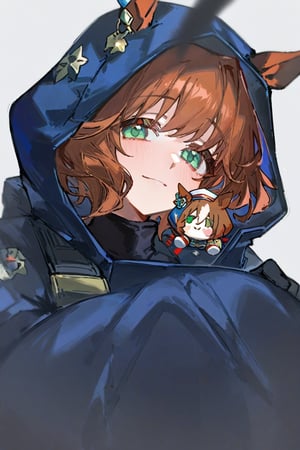 betabeet, ciloranko, quasarcake, dark vibe,1girl,solo, AstonMachan(umamusume), blush, short hair, simple background, brown hair, curly hair, (green eyes), gloves, (\Death Stranding\), dark blue hood(hood up), hood up, ((animal hood(horse ears)), torn hood, illustration, \(death stranding\), blush, bangs, hair ornaments, simple background, gloves, long sleeves, white background, illustration, gorgerous, delicated eyes, best quality, masterpeice, delicate face, detailed eyes, chibi plushie,pov,hood up,simple background, wink,closed mouth,smile, character stuffed toy, plushie, pov, look at viewer, horse girl