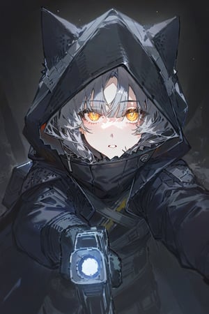 betabeet, ciloranko, quasarcake, solo, dark vibe, best quality, 1girl, cat girl, cat ears, solo, long hair, looking at viewer,bangs,gloves, holding, jacket, yellow eyes, weapon, rifle, grey hair, black gloves, pants(military gears), black hood(hood up), cape, firearm, rifle, hood up, animal hood(cat ears), torn hood, illustration, scary, look at viewer, \(death stranding\), illustration, gorgerous, delicated eyes, shadow lights,best quality, masterpeice, delicate face, detailed eyes, pov, close up,pov,tacticalgear,tactical gear