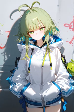 1girl, solo, illustration, high definition, masterpiece, betabeet, ciloranko, rurudo, liduke, xia, gorgerous, delicated eyes, delicate face,  source_anime, [artist:qUASARCAKE,ciloRanko],  tied white curly hair,looking at viewer, bangs, messy hair, graffiti, looking at viewer, (antenna), bangs, ((lime green pupils)), annoyed, cute, sci-fi, ((ornaments, designed, intricate details,wires,cyborg, white, cyan blue, black,GEN