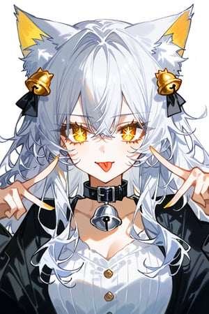 artist：quasarcake, ciloranko,betabeet, 1girl, catgirl, solo, long hair,looking at viewer, bangs,hair ornament(fish bone), animal ears, hair between eyes, cat tail, yellow eyes, white hair, silver hair, cat bell collar, cat ears, fashion, animal ear fluff, slit pupils, gorgerous, cute, delicated eyes, simple background, source_anime,sagawa, score_9,score_8_up,score_7_up, aihoshinopose, double v, tongue out, star-shaped pupils,