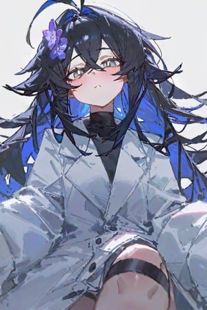 betabeet, ciloranko, quasarcake, 1girl, solo, long hair, close-up,pov, looking at viewer, blush, bangs, black hair, hair ornament, long sleeves, hair between eyes, sitting,, blue hair, flower_hair_ornament, ahoge, coat, sleeves past wrists, grey eyes, thigh strap, antenna hair, ahoge, colored inner hair, purple flower, labcoat, white coat, illustration, gorgerous, cute, delicated eyes,simple background