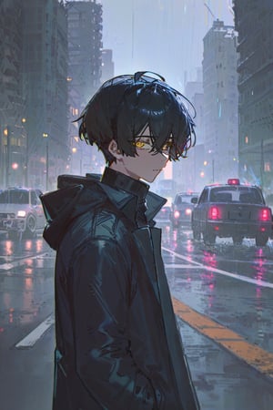 betabeet, ciloranko, quasarcake, solo, looking at viewer, short hair, bangs, black hair, long sleeves, 1boy, hair between eyes, closed mouth, jacket, yellow eyes, upper body, male focus, outdoors, open clothes, hood, from side, sweater, coat, black jacket, turtleneck, ground vehicle, building, motor vehicle, rain, black coat, city, turtleneck sweater, car, road, black sweater, street, crosswalk,illustration, gorgerous,  delicated eyes, 