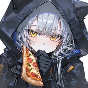 betabeet, ciloranko, quasarcake, solo, dark vibe, best quality, 1girl, cat girl, solo, long hair, looking at viewer, bangs,gloves, holding, jacket, yellow eyes, black gloves, pants(military gears), black hood(hood up), cape, hood up, ((animal hood(cat ears)), torn hood, illustration, \(death stranding\), blush, bangs, simple background, gloves, long sleeves, white background, holding, animal ears, jacket, yellow eyes, upper body, grey hair, food, black gloves, hood, black jacket, eating, holding food, hood up, food on face, pizza, holding pizza, pizza slice, illustration, gorgerous, delicated eyes, best quality, masterpeice, delicate face, detailed eyes, pov, close up