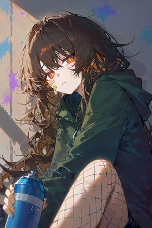 1girl, solo, long_hair,illustration,high definition, masterpiece,hair strand,best quality,betabeet, ciloranko, rurudo,  solo,dark vibe, best quality, illustration, gorgerous, delicated eyes, best quality, masterpeice, delicate face, detailed orange eyes, source_anime, jima, look at viewer, gorgeous, masterpiece,[artist:qUASARCAKE,ciloRanko],  dark brown hair,looking at viewer, bangs, dark-brown hair, messy hair, graffiti, looking at viewer, bangs, red coiled eyes, red eyes, ((coiled pupils)) confused, cowboy shot, ((torn, dark olive-green hoodie)), black shorts, fishnet pantyhose, bandaid on face and leg, simple background,ach-ciloranko,chromatic aberration, colors saturation, bandaids on face, knees up, sits, pov, (holding spray cans)