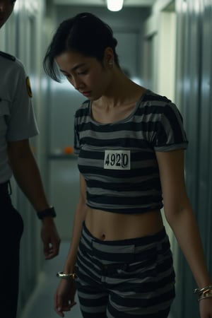 In a somber atmosphere, a 28-year-old Korean woman, sans makeup, walks down a drab prison hallway in a black and white striped prisoner uniform with 4920 prominently displayed. Her short black hair frames her pale face, accentuating her hourglass figure, as she gazes downward with resignation and vulnerability. Metallic chains bind her waist, and handcuffs restrict her movement beside the officer. The cold, unforgiving concrete walls and empty hallway amplify the solemnity, evoking feelings of hopelessness and despair as the officer's steady gaze fixes on her elbow.