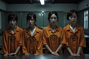 Full budy frontal side picture, A line of five Asian-female prisoners, each with Pixie haircuts, stand at attention in the prison dining area, Eyes casting forward. They wear identical orange uniforms emblazoned with ''DEATH ROW'', a stark reminder of their status as inmates. The room is dimly lit, with stained steel tables and chairs reflecting the harsh fluorescent glow above.