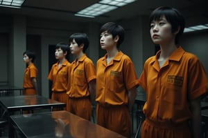 Full budy frontal side picture, A line of five Asian-female prisoners, each with Pixie haircuts, stand at attention in the prison dining area, Eyes casting forward. They wear identical orange uniforms emblazoned with ''DEATH ROW'', a stark reminder of their status as inmates. The room is dimly lit, with stained steel tables and chairs reflecting the harsh fluorescent glow above.