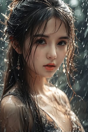 1美女在雨中,特写,front_view,bust shot,