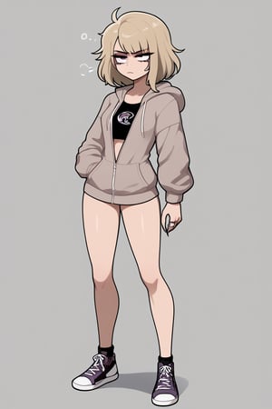 tomboy, confident, female, thicker lines,Nyantcha style,c4toony style, dirty blonde hair, tall, slim, long fingers, short hair, fit, tired, full body, open hoodie, 
Shogun, bimbo, bimbo body, 