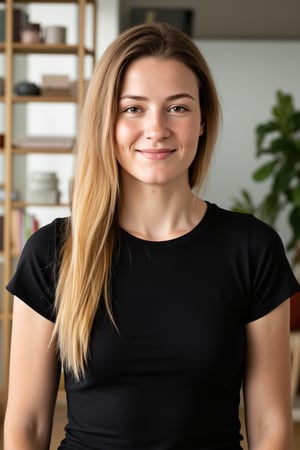 Full body shot photo of a 30yo Nordic woman with very long blonde hair.
She has a cute round face with freckles and smiles.
She wears a skin-tight fitted black t-shirt made from smooth stretch fabric.
She is standing in an apartment with book shelves and plants. 