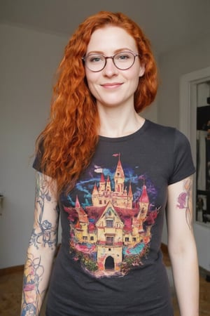 Photograph of a 30yo nordic woman with very long curly vibrant copper hair.
She has a cute round face, wears glasses and smiles.
She wears a tight fitted short-sleeved t-shirt made from smooth stretch fabric that clings to her slender body.
The t-shirt depicts a colorful castle. 
Her left arm is covered in a tattoo sleeve that shows vines in intense vibrant colors and Details. 