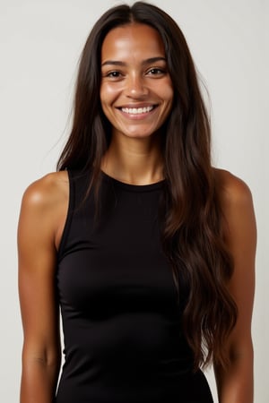 A 30yo woman with very long hair.
She has a cute round face with freckles and smiles.
She is wearing a tight fitting black sleeveless top made from smooth stretch fabric. 