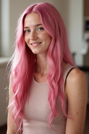 A 30yo woman with very long pink hair.
She has a cute round face with freckles and smiles.
She is wearing a tight fitting sleeveless top made from smooth stretch fabric. 