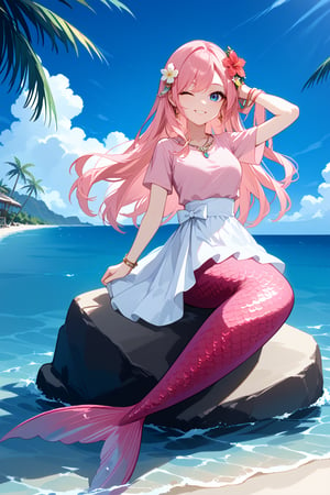 (mermaid|1girl:1.2), beach, white dress, bracelet, cloud, cloudy sky, flower, hair flower, hair ornament, hand in own hair, jewelry, leaning back, long hair, looking at viewer, one eye closed, palm tree, pink hair, sitting, sky, smile, solo, tree, waist, water, blue eyes, score_9_up, score_8_up, masterpiece, best quality, pink t shirt